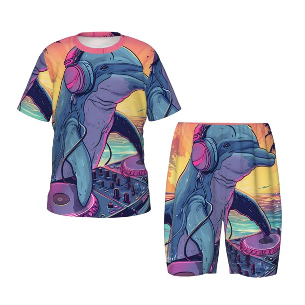 Balery Hip-Hop DJ Dolphin Conjunto de Pijama Infantil de Manga Corta con Estampado – Ropa de Dormir de Algodón Suave-Medium