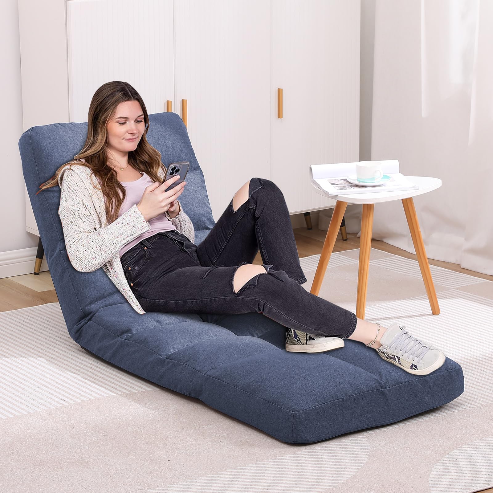 Floor Chair with Footrest Adjustable Backrest with 14 Positions Footrest 5-Position Adjustment Foldable Floor Gaming Chair for Easy Storage Linen Fabirc Chaise Lounge