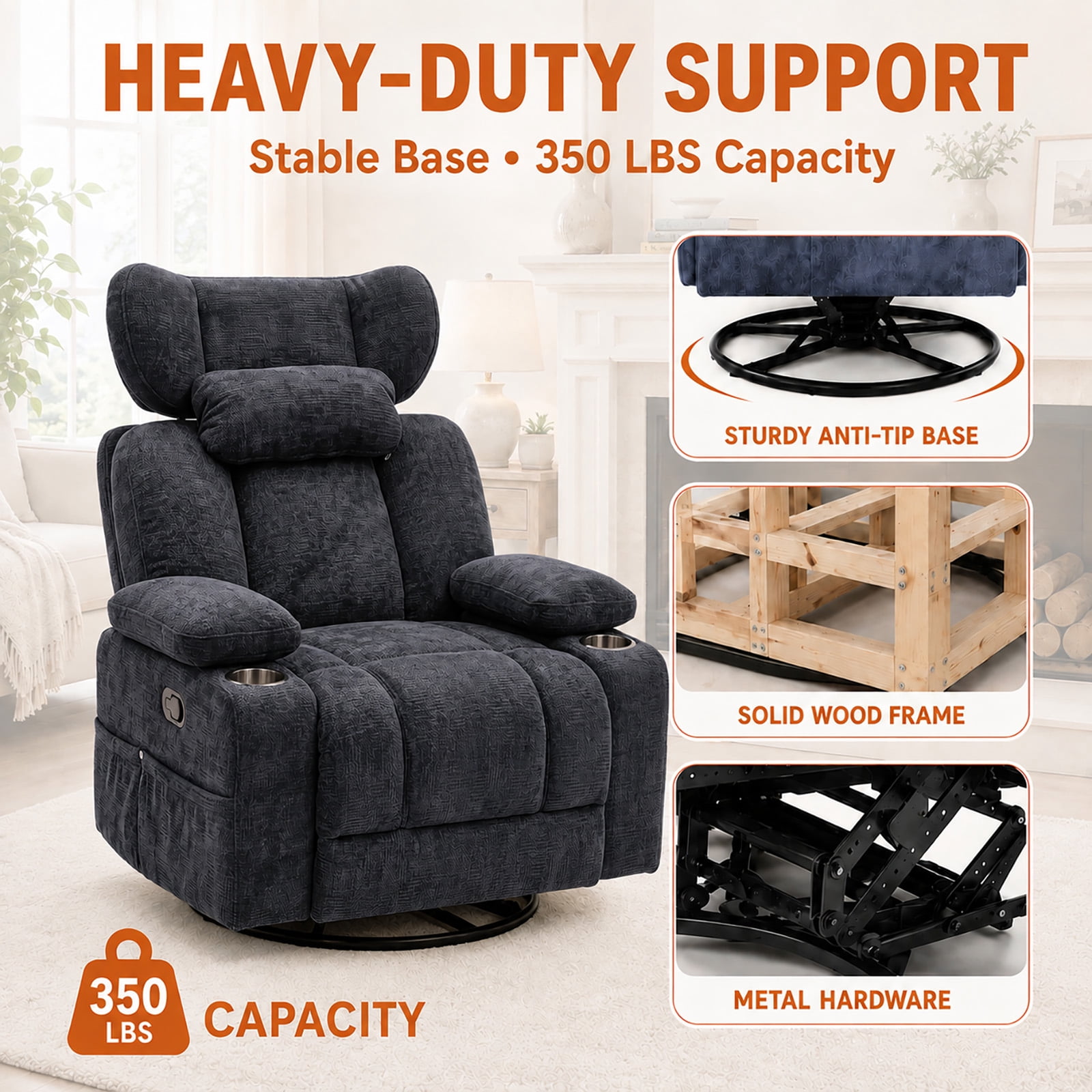 Leumius 360° Swivel Recliner Chair, Single Recliner with Adjustable Detachable Neck Pillow Ergonomic and Cup Holders, 300lbs Capacity Versatile Lounge Chair for Living Room Bedroom Home Theater