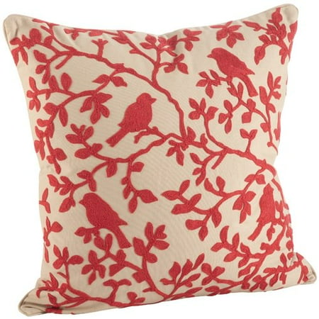 Saro Eden Bird Branch Embroidered 100pct Cotton Throw Pillow