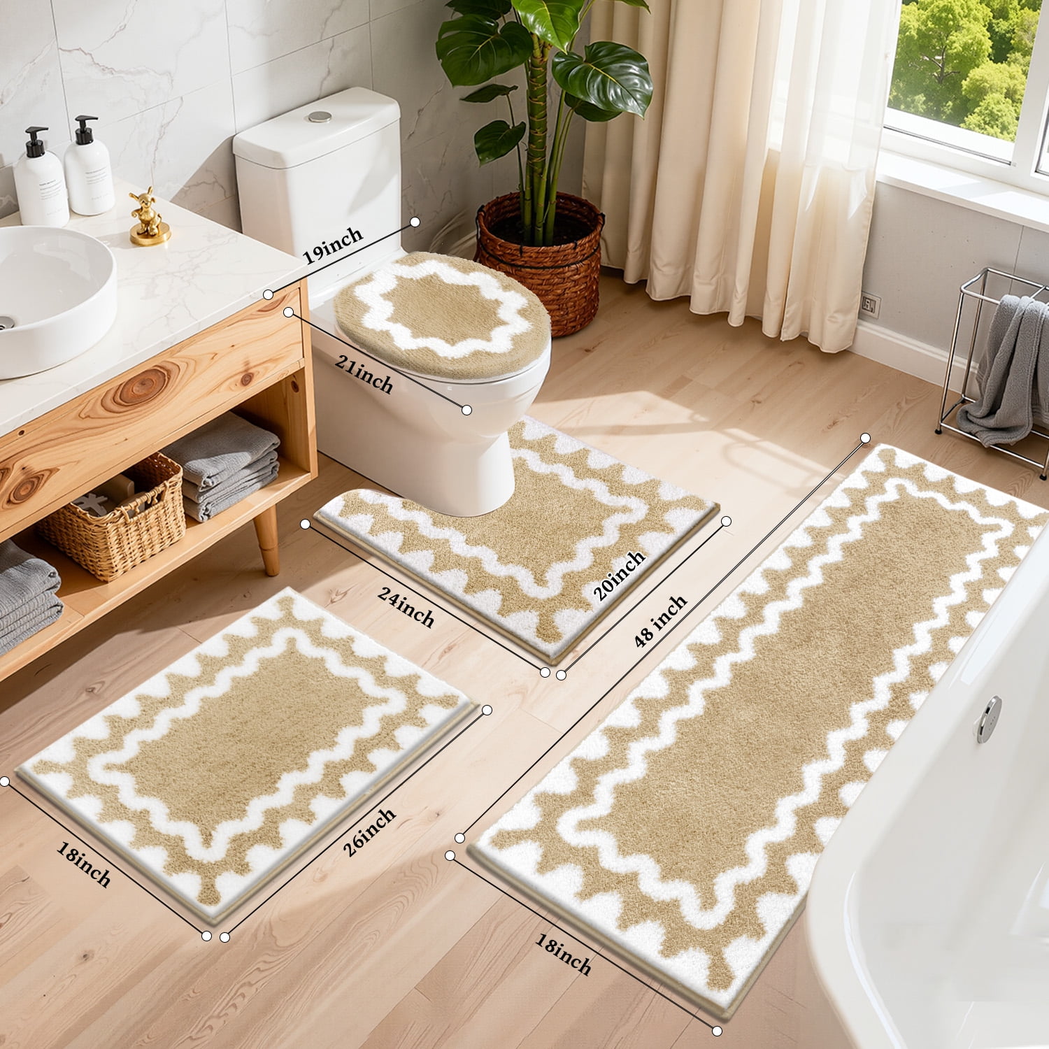 Findosom 4-Piece Bathroom Rugs Set,Non Slip Absorbent Bath Mat,Machine Washable Microfiber Quick Dry Bath Rug for Bathroom Bedroom Kitchen Shower Tub,Beige