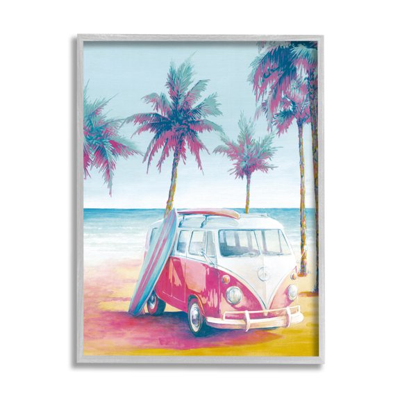 Stupell Industries Tropical Minibus on Beach Transportation Painting Gray Framed Art Print Wall Art, 11 x 14