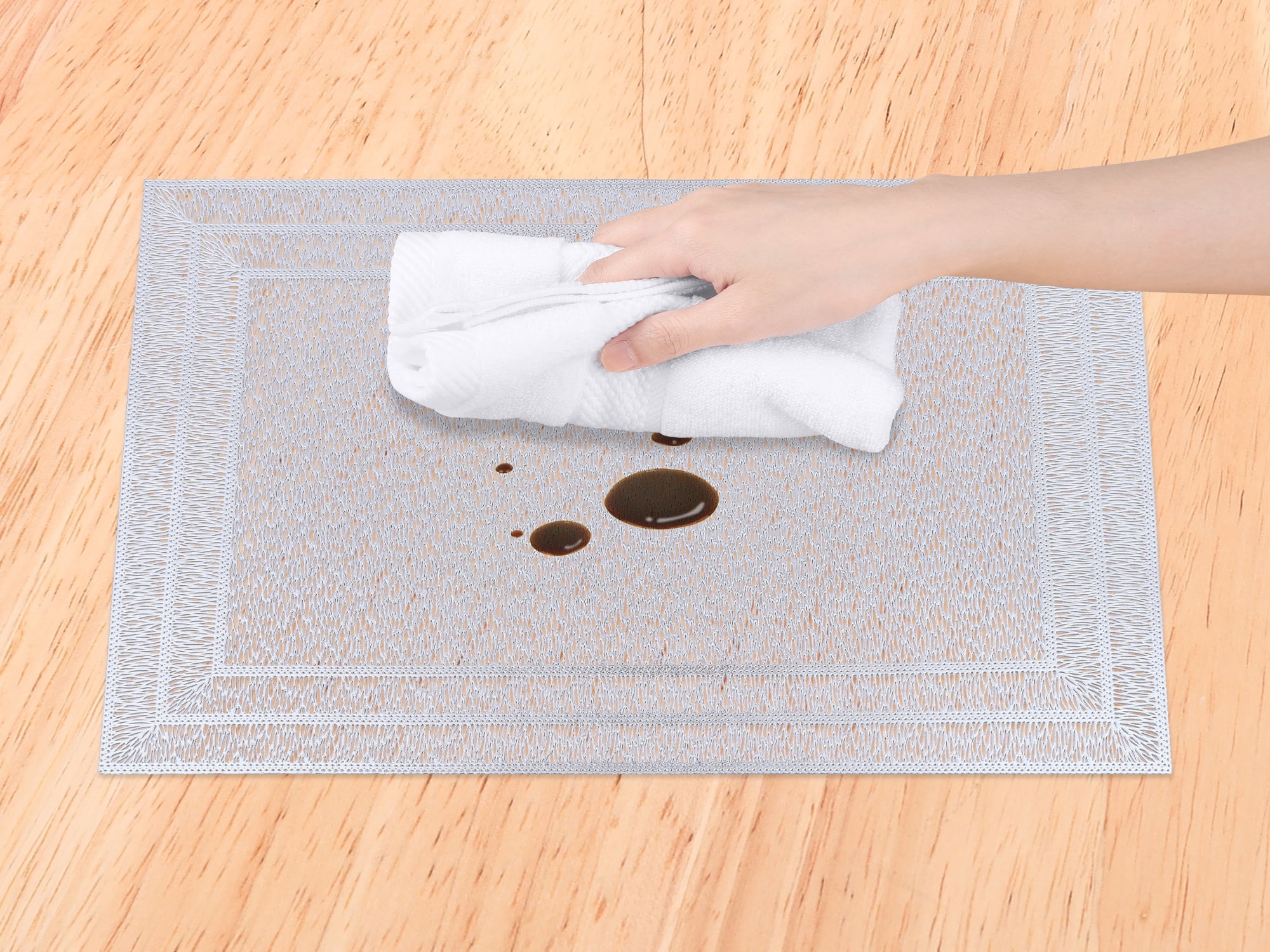 Unique Bargains Washable Placemats Set of 6 Trimmed Placemats for Dining Table Silver