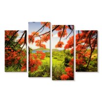 Elephant Stock Tamarind Bay View Through A Flamboyan Tree Wall Art - Living Room Wall Decor - Floral And Botanical Multi Panel - Green And Orange Decor By George Oze - 75" x 48"
