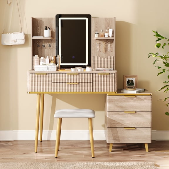7-Drawer Vanity Desk with LED Mirror and Jewelry Storage, Fluted Makeup Table with Metal Legs and PU Stool, Carved Dressing Table for Bedroom Organization
