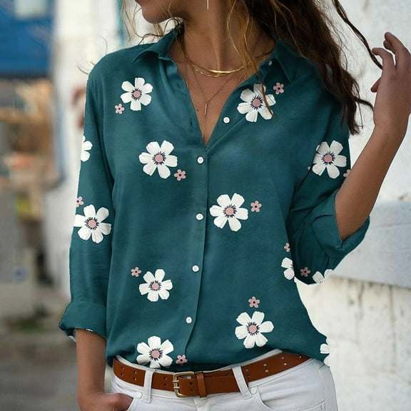 Green Young Adult Tops Women Lapel Neck Fashion Casual Animal Print Long Sleeve Shirt Plus Size Tops for Women