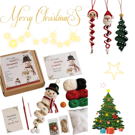Crochet Christmas Spiral Ornament DIY Kit, 3D Christmas Hanging Decor with Soft Yarn & Ergonomic Hook for Beginner Crafters