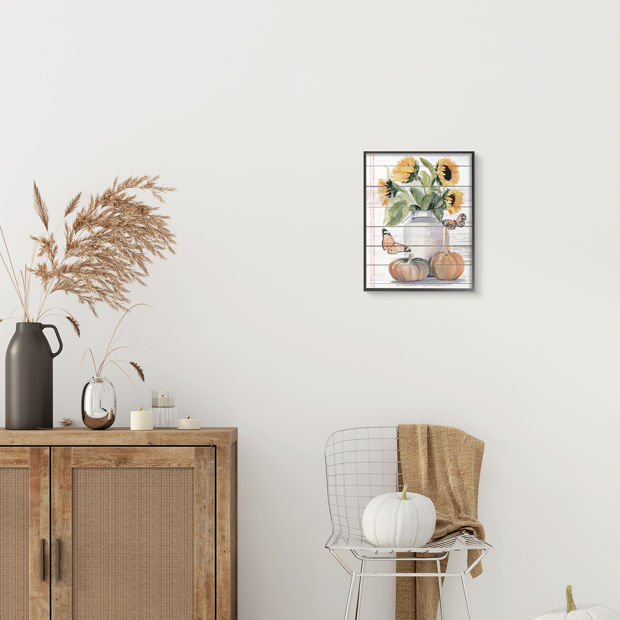Stupell Industries Autumn Sunflower Jar Orange Monarch Butterflies Botanical & Floral Painting Black Framed Art Print Wall Art, 11 x 14