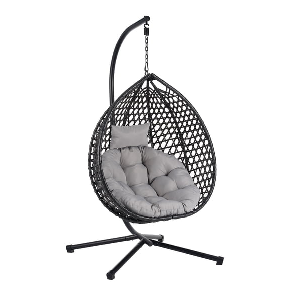 Hanging Egg Chair with Stand, Rattan Swing Chair Indoor Outdoor, Sturdy Iron Frame, Removable Cushion, Foldable
