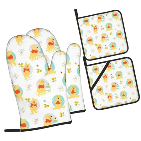 

LAKIMCT Leaf Bee Winnie The Pooh Oven Mitts and Pot Holders Set Non-Slip Potholders Heat Resistant Oven Gloves 4Pcs Set