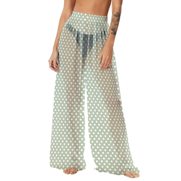 dazeni Women's Chiffon Summer Boho Sheer Mesh Coverup s Pants Lightweight See-Through Sun Protection Beach Pants HIgh Waisted Cover Pants Wide Leg Bohemian Style Printed Pants Mint Green X-Large