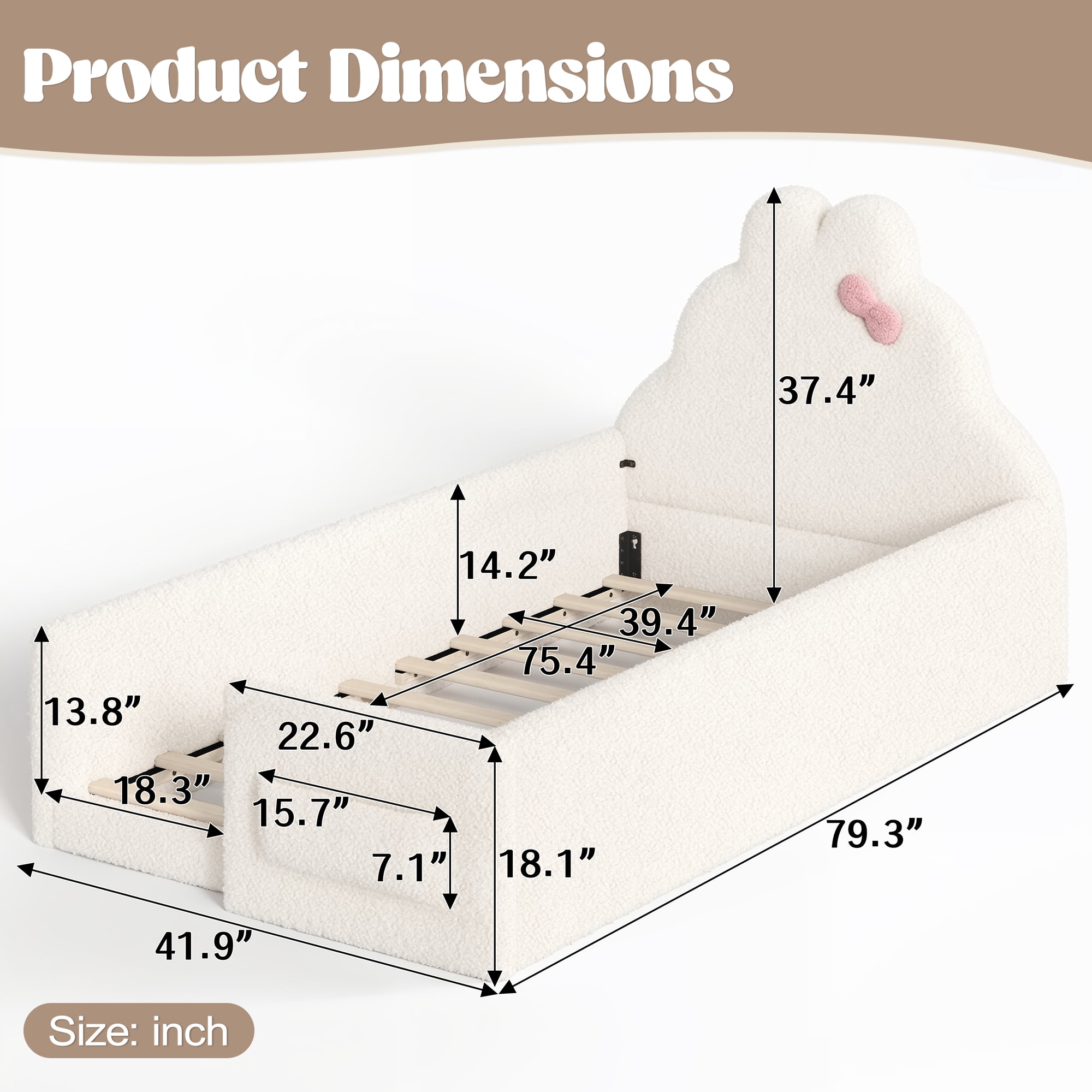 HOQBN Twin Size Upholstered Floor Bed Frame, Soft Padded Upholstered Kids Bed, Safe Children Bed Frame with Side Storage Pocket for Bedroom Beige