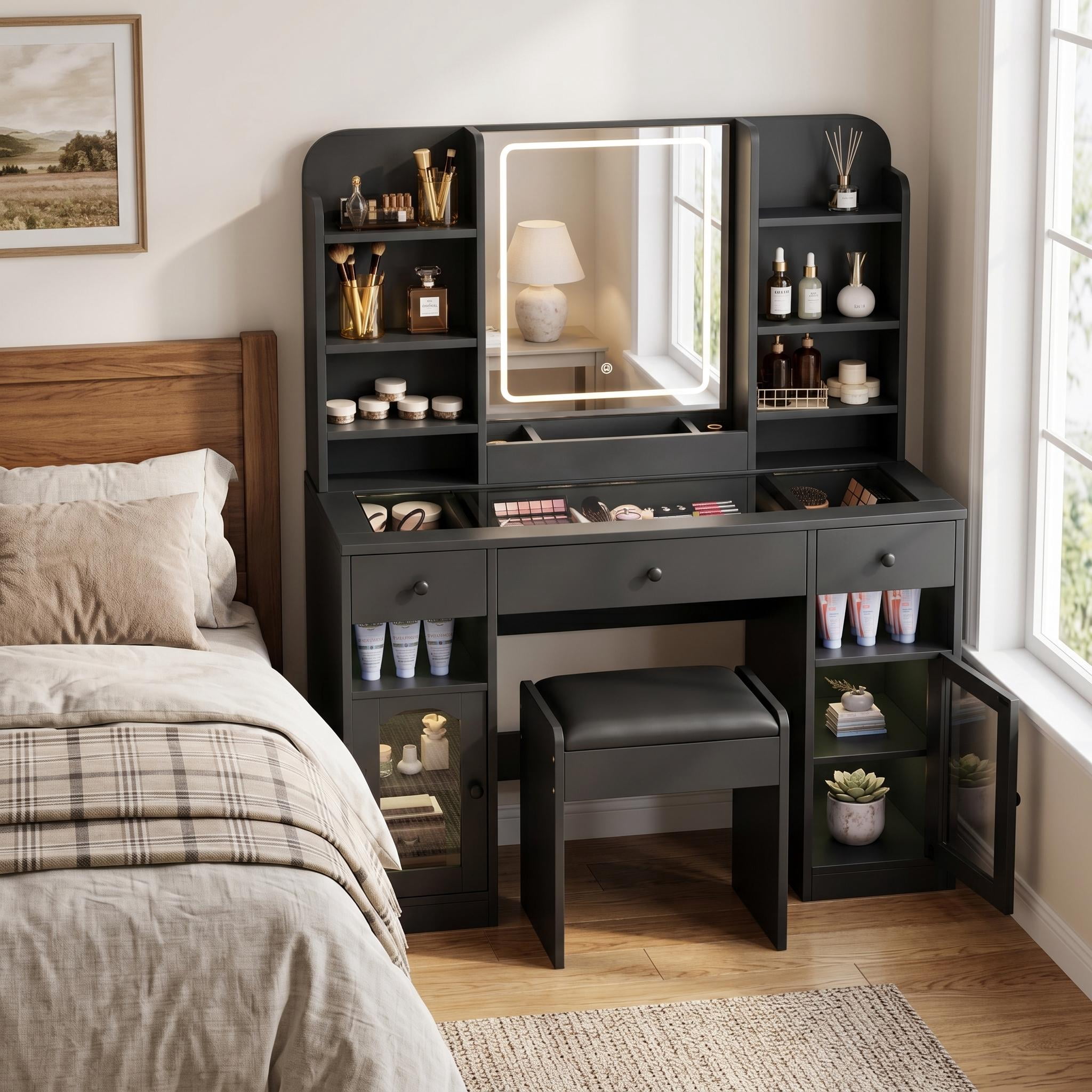 Homy Casa Vanity Table & Bench Set with Lighted Mirror, RGB Lights & Charging, Black