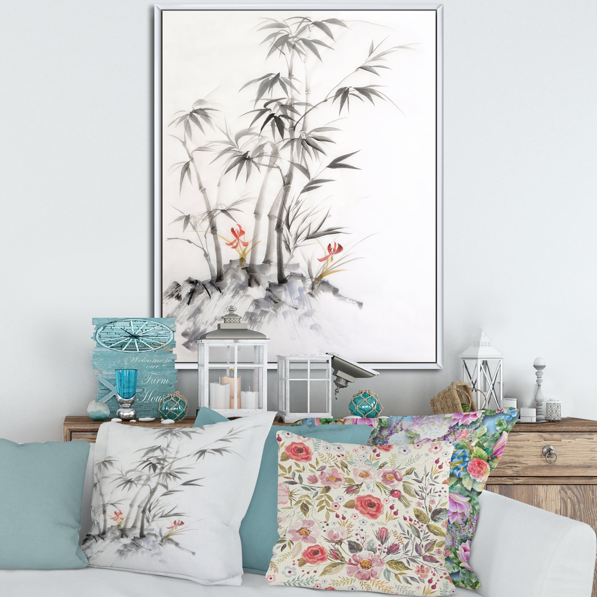 Designart 'Vintage Black and White Bamboo III' Traditional Framed Canvas Wall Art Print