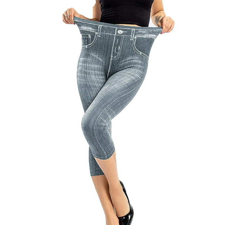 Pgeraug Leggings for Women Capris Imitation Jeans Leggings High Waist  Elastic Leggings Pants for Women Gray Xl 