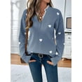 thumbnail image 3 of Cute Heart Print Sweater for Women - V-Neck Sweater Pullovers with Lace Trim, Knit Jumper Blue L, 3 of 8