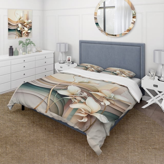 Designart « Méticuleusement Rendu Fleurs d'Orchidée Beige II » Ensemble de Literie Floral Orchidée - Ensemble de Lit Floral Orchidée Beige avec 2 Taies