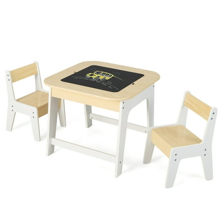 Gymax 3-in-1 Kids Wooden Table & 2 Chairs Set w/ Storage Detachable Blackboard Drawing