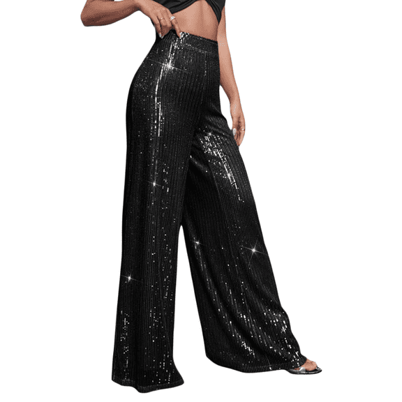 Women Sequin Bell Bottom Pants Glitter Sparkle High Waist Wide Leg Trousers Night Out Clubwear