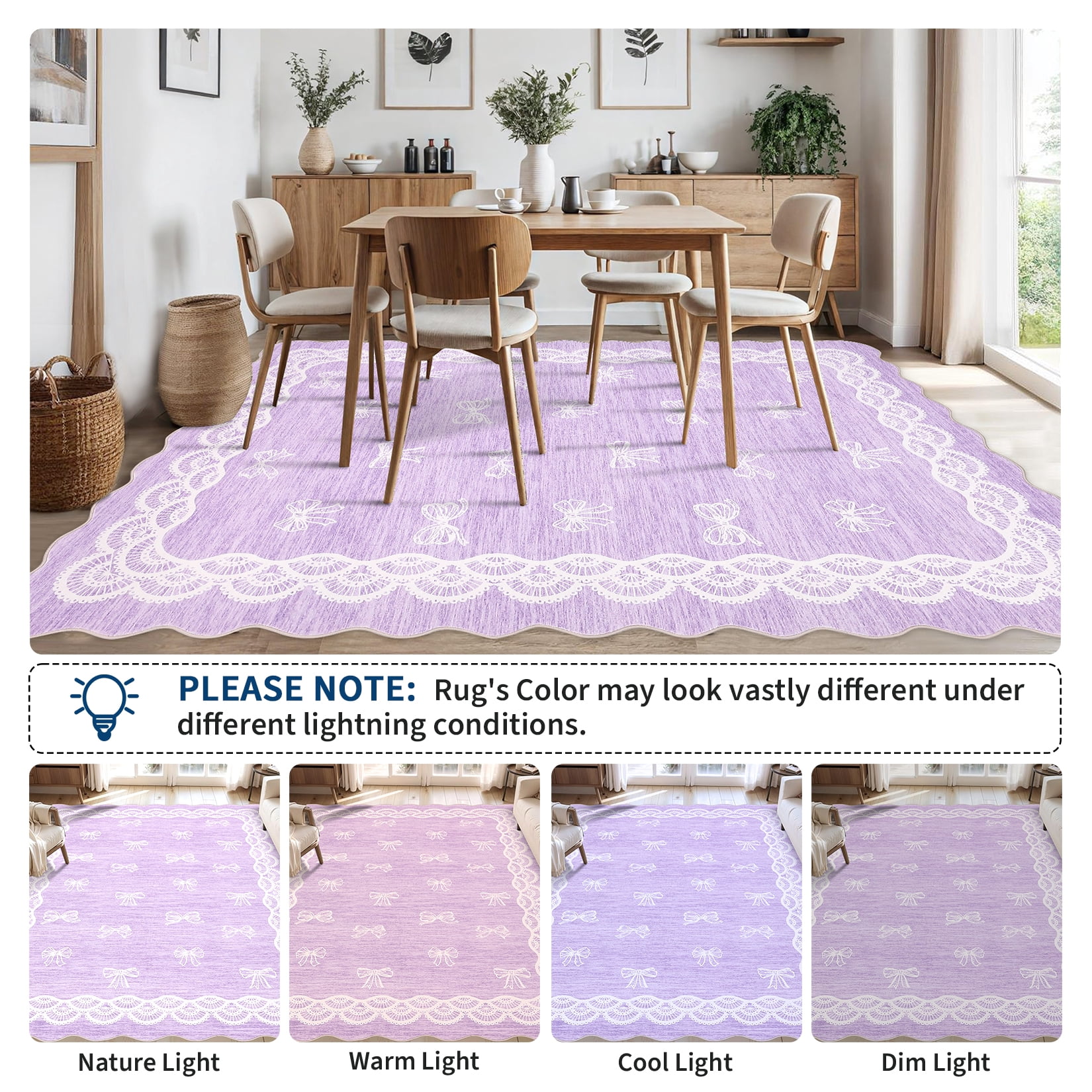 Garvee 8x10 Wave Border Area Rug Coquette Bow Pattern Carpet, Machine Washable Low Pile Rug with Non-Slip Backing for Living Room Bedroom Home Office, Purple