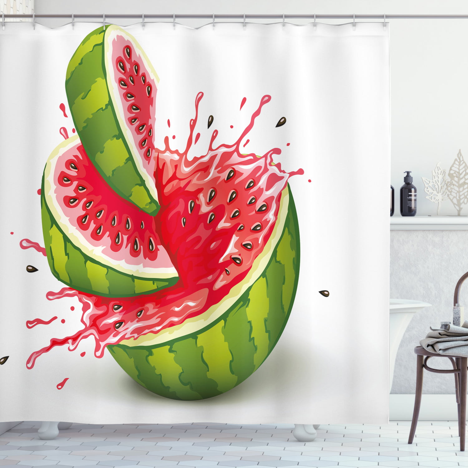 Bathroom Decor Watercolor Watermelon Shower Curtain Waterproof Fabric & 12 Hooks 