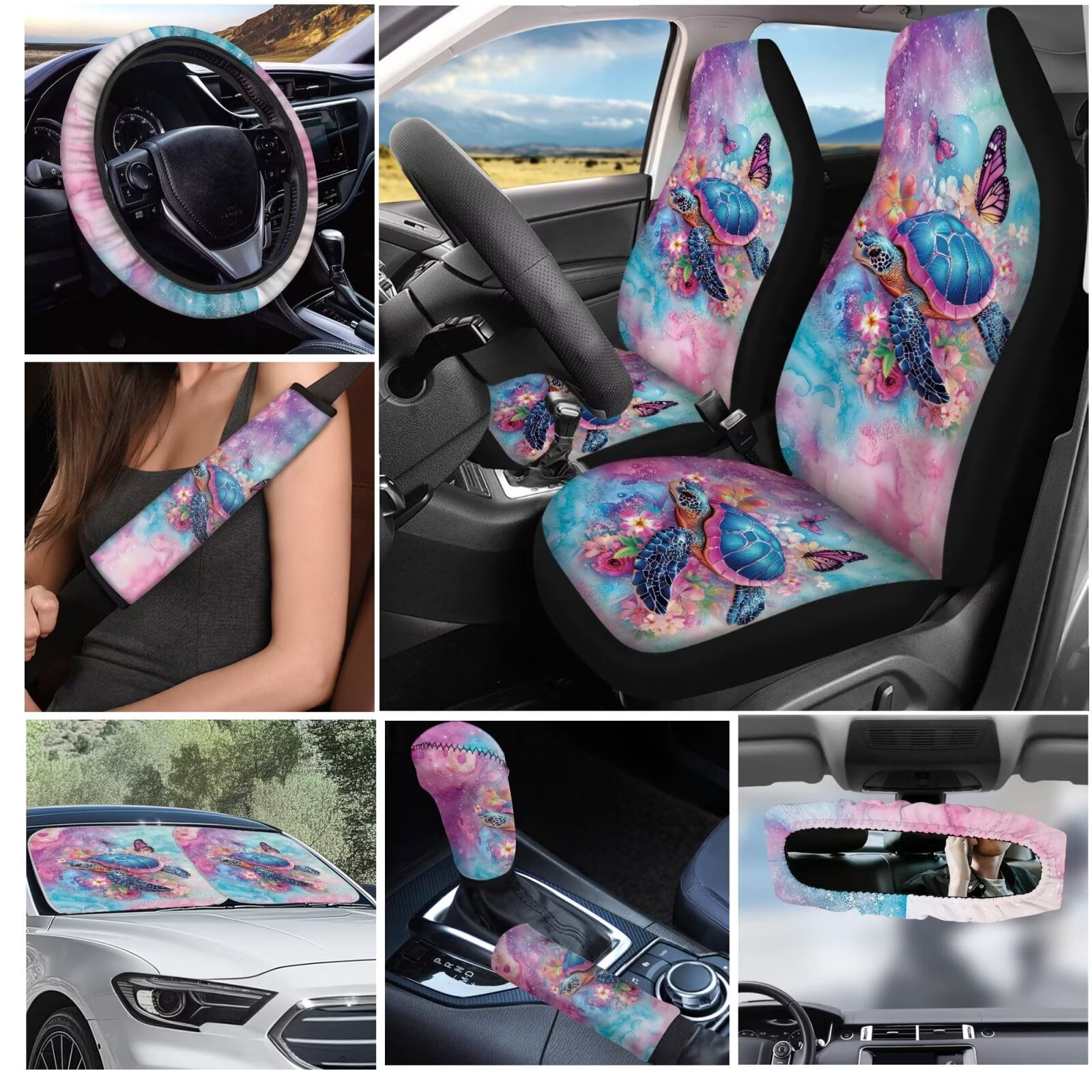 Garronmavis Aesthetic Turtle Car Seat Cover Full Set 16 Pieces Car Seat Belt Covers Keychain Gear Shifting Knob Cup Mats Auto Rear View Mirror Cover