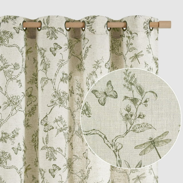 Linen Farmhouse Curtain for Living Room Length Floral Print Window Curtains Semi Sheer Drapes for Bedroom Country Light Filtering Drape Grommet Top Panels on