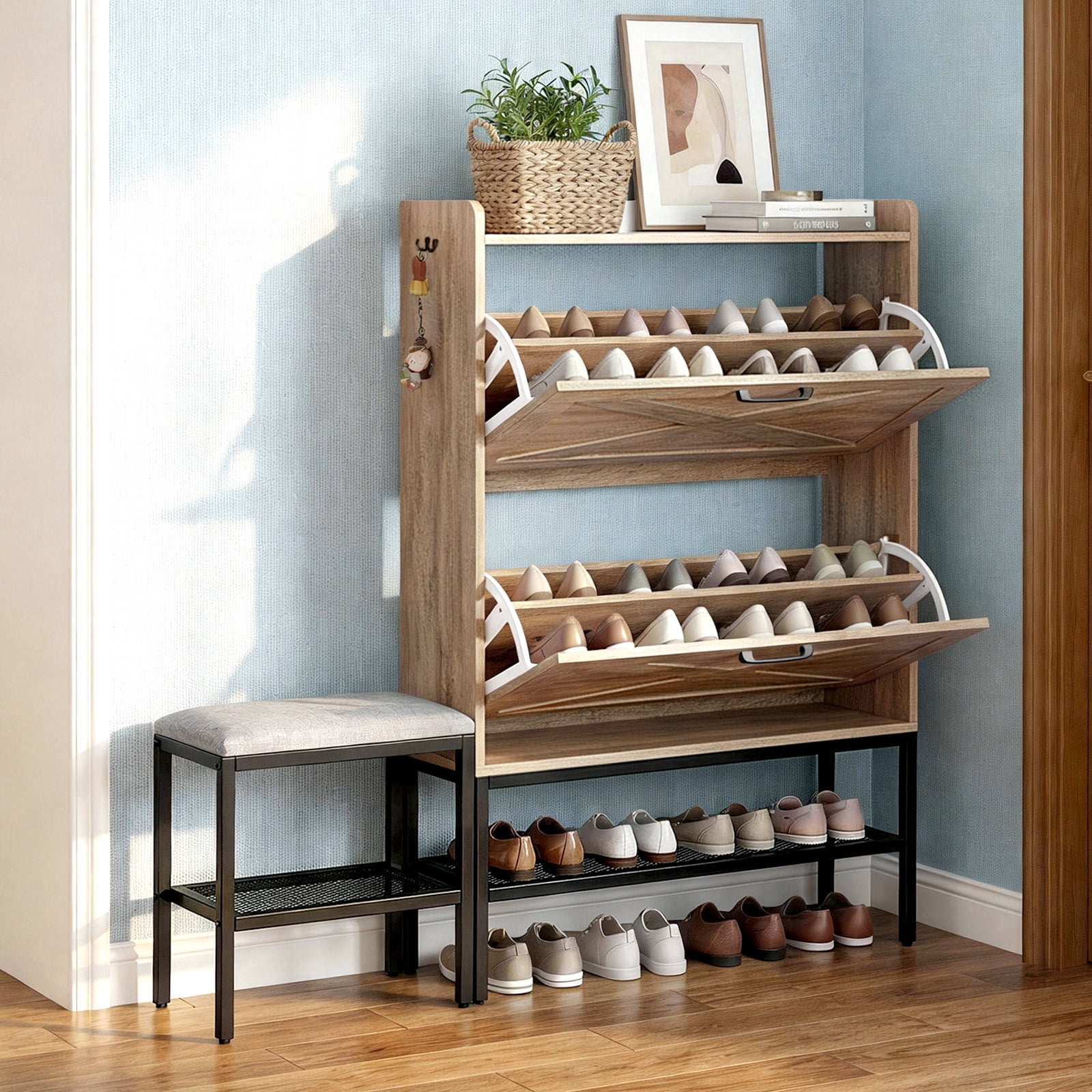 Ktaxon Farmhouse Shoe Cabinet w/ Bench, Entryway Shoe Storage Cabinet Shoe Rack Organizer for Hallway Bedroom Closet Living Room Home Apartment, Washed Gray