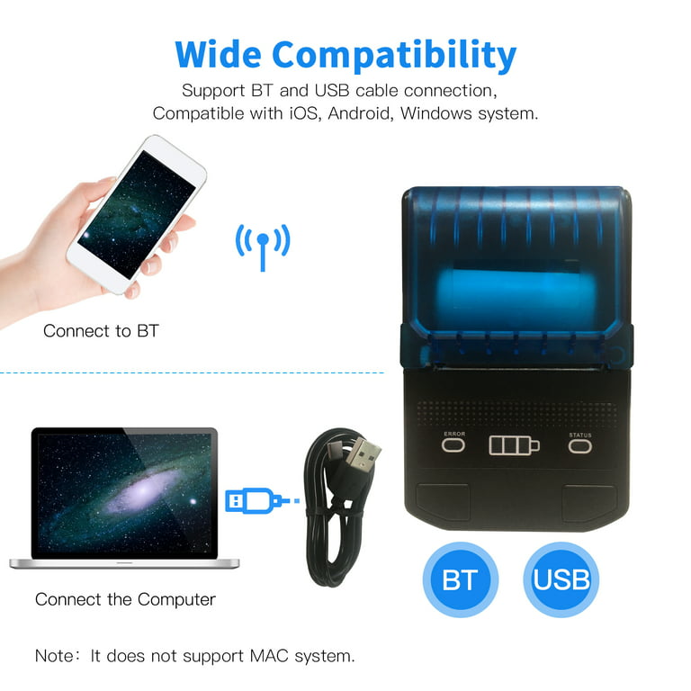 Câble USB Imprimante Bluetooth Wireless Thermal Receipt Printer VOXLINK POS  Printer Android IOS Compatible High Speed 58mm Black 