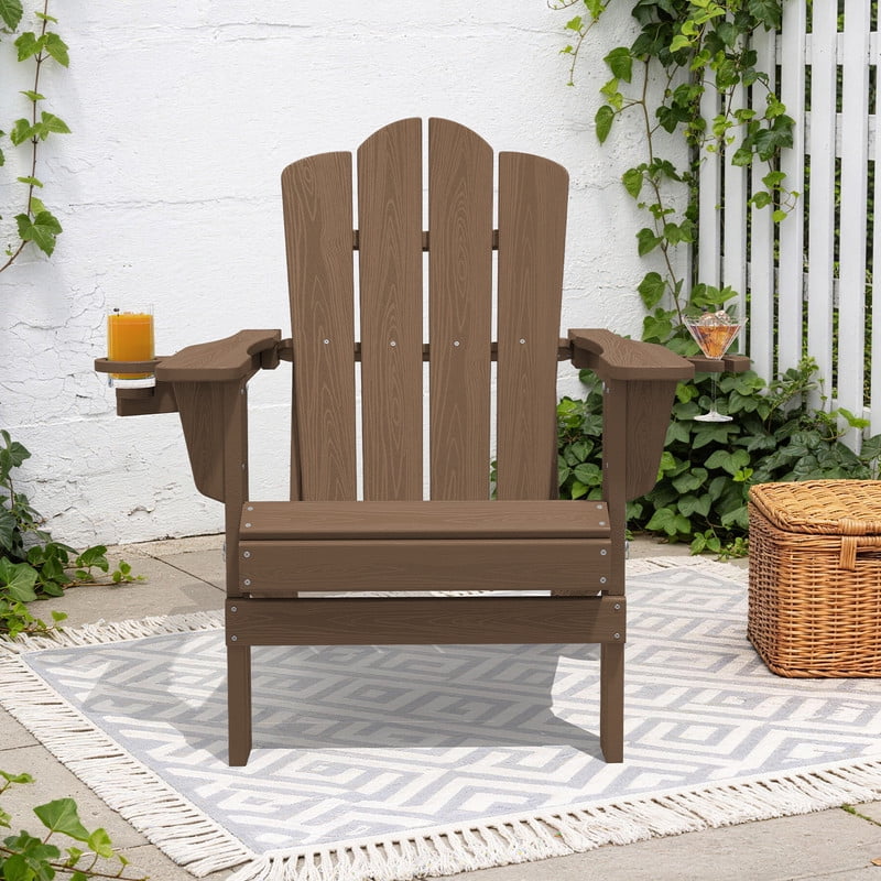 LOYALICE Folding Adirondack Chair with Dual Cup Holders, All-Weather HDPE Outdoor Patio Chair for Backyard, Poolside, Garden, Fire Pit, Brown