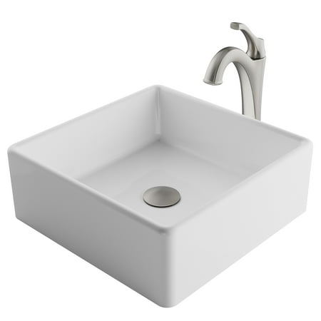 KRAUS Elavo 15-inch Square White Porcelain Ceramic Bathroom Vessel Sink and Spot Free Arlo Faucet Combo Set with Pop-Up Drain, Stainless Brushed Nickel Finish