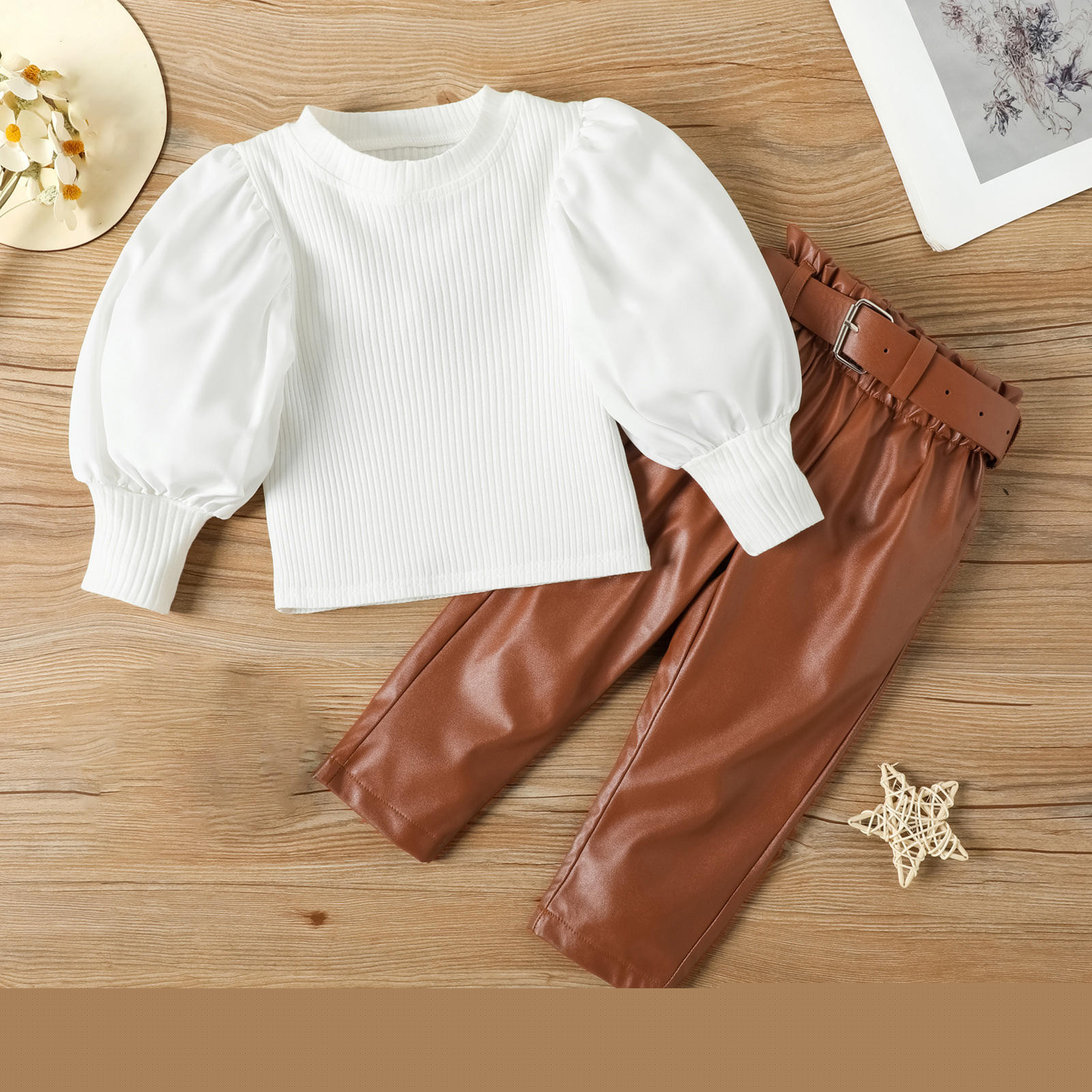 thumbnail image 2 of Toddler Girl Clothes Set Puff Sleeve Tops + Leather Pants 2Pcs Fall Outfits Fashion Long Sleeve Round Neck Top/Shirt Set White 110, 2 of 2
