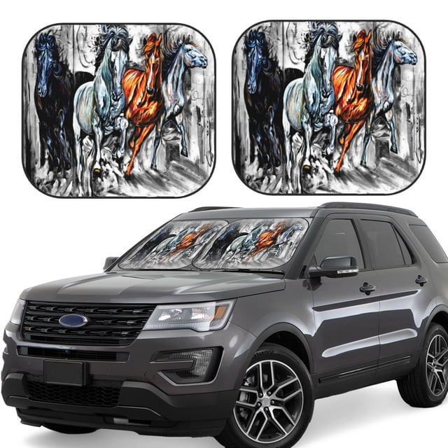 Saiise Four Running Horses for Foldable Car Sun Shades (2-Pack) Offer Sun Protection with an Easy-fold Design for Convenient Windshield Shading-Medium