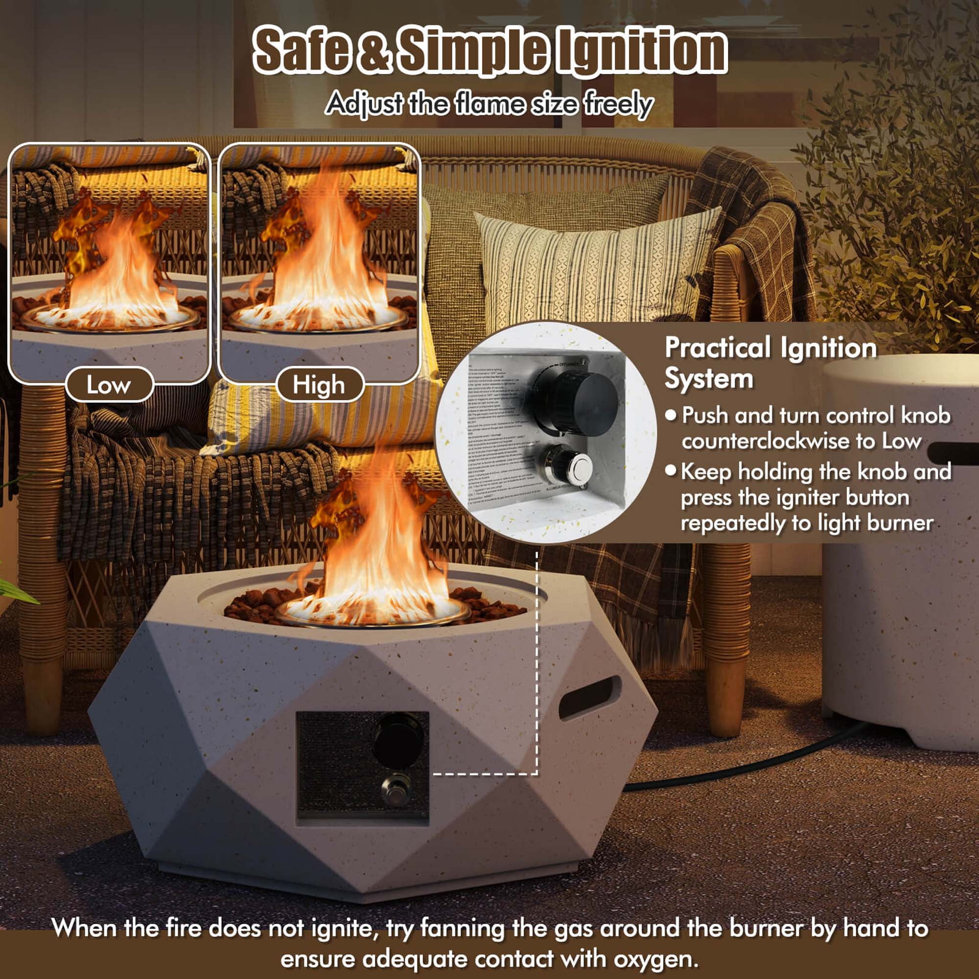 Costway 28" Hexagon Terrazzo Propane Gas Fire Pit Table Set with Hideaway Tank Holder