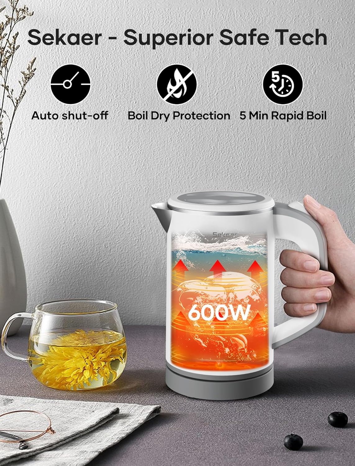 Sekaer Travel Electric Tea Kettle with Auto Shut-Off & Boil Dry Protection, 304 Stainless Steel Mini Portable Water Kettle, Fast Heating Coffee Kettle, Perfect Holiday Gifts White