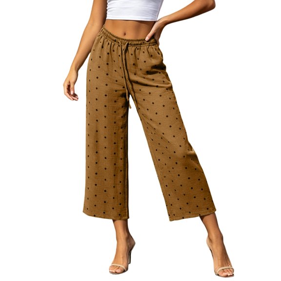 QSAWXQZ Women's Polka Dot Cropped Wide Leg Pants Elastic Waist Capri Pants with Pockets Free Size