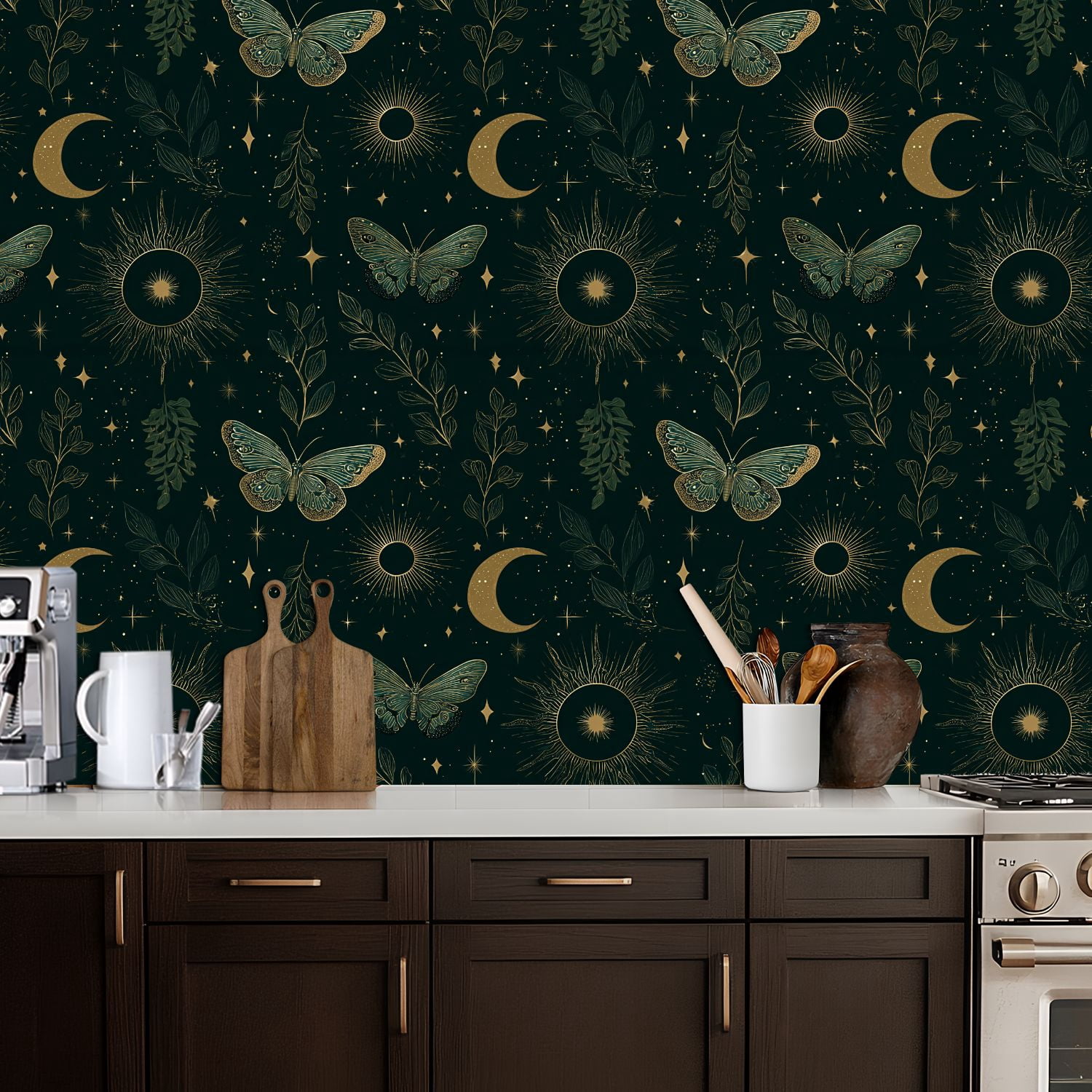 Peel and Stick Wallpaper 17.7in x 9.8ft Butterflies Floral Moon Phases Gold Accents Contact Paper Vinyl Waterproof Self Adhesive Wall Paper for Bedroom Shelf Cabinet Renter Friendly