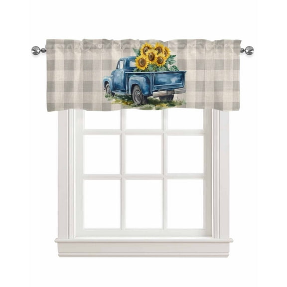 Blue Truck Yellow Sunflower Kitchen Valances for Windows Farmhouse Linen Window Valance Curtain for Living Room Window Treatment Summer Grey Plaid Vintage Valance Rod Pocket Topper, 60 x 18 Inch