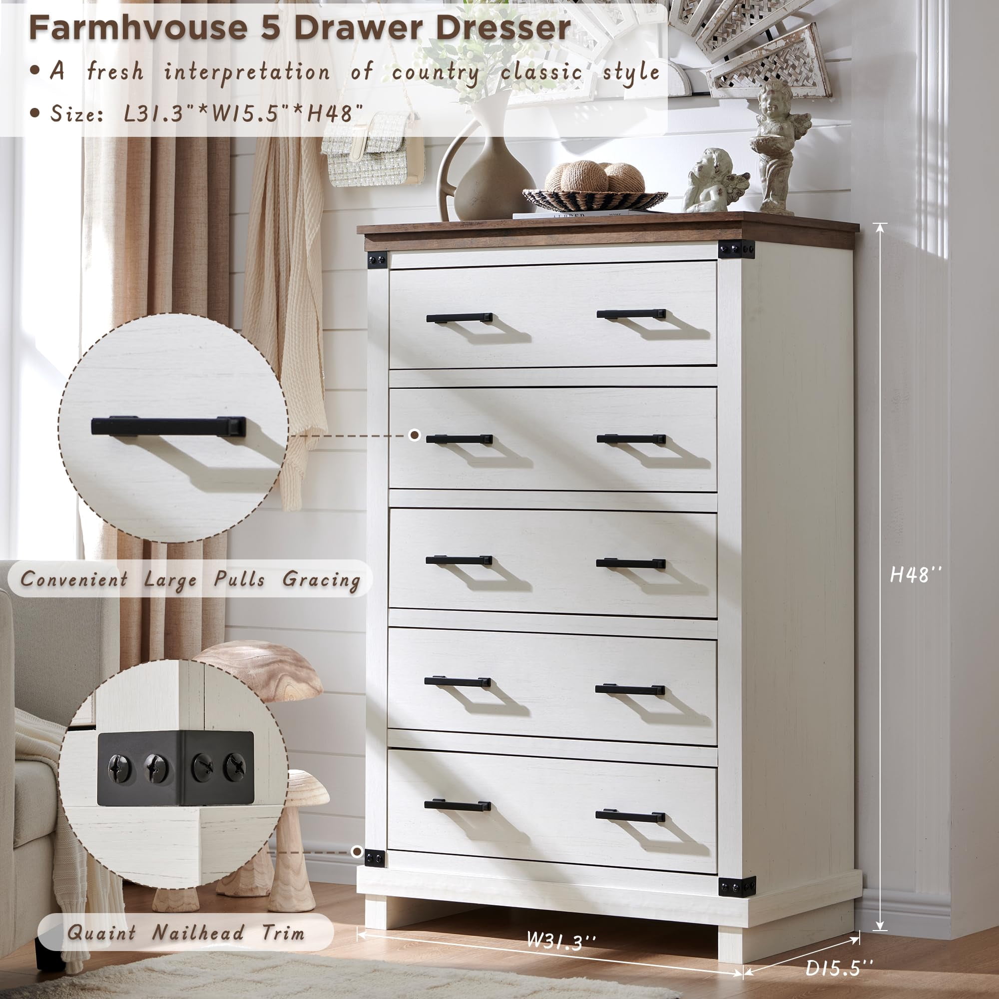 OKD Farmhouse 5 Drawers Dresser for Bedroom, Wood Tall Chest of Drawers with Thick Plank Styling, Rustic Closet Dresser for Bedroom, Living Room, Antique White