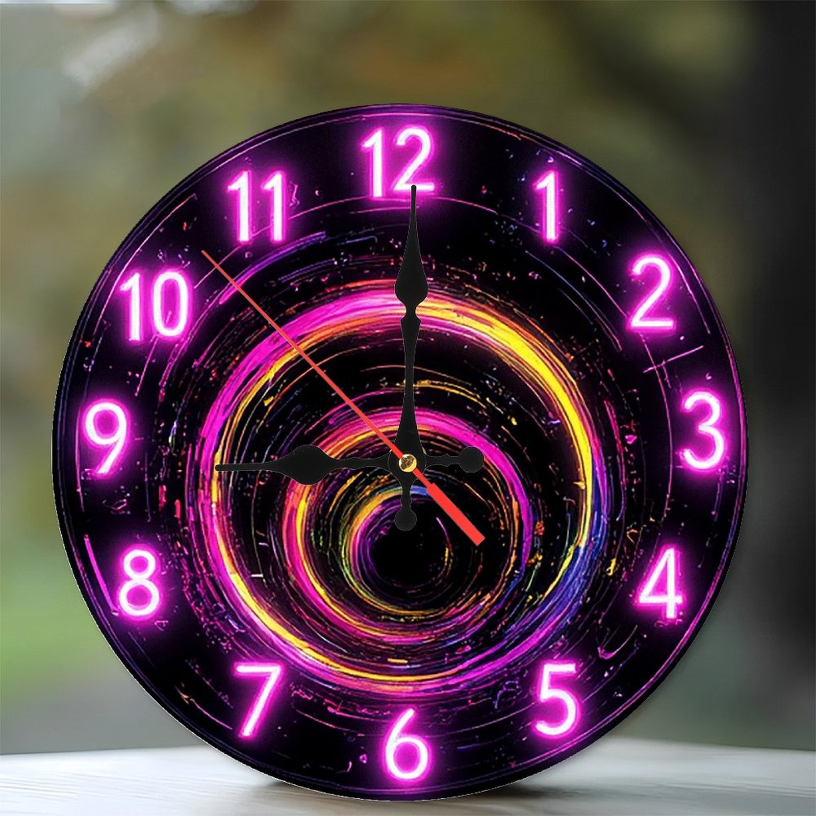 Neon Clock Wall Art Pink Purple Spiral Starry 10 Inch Silent Wooden Wall Clock, Battery Operated