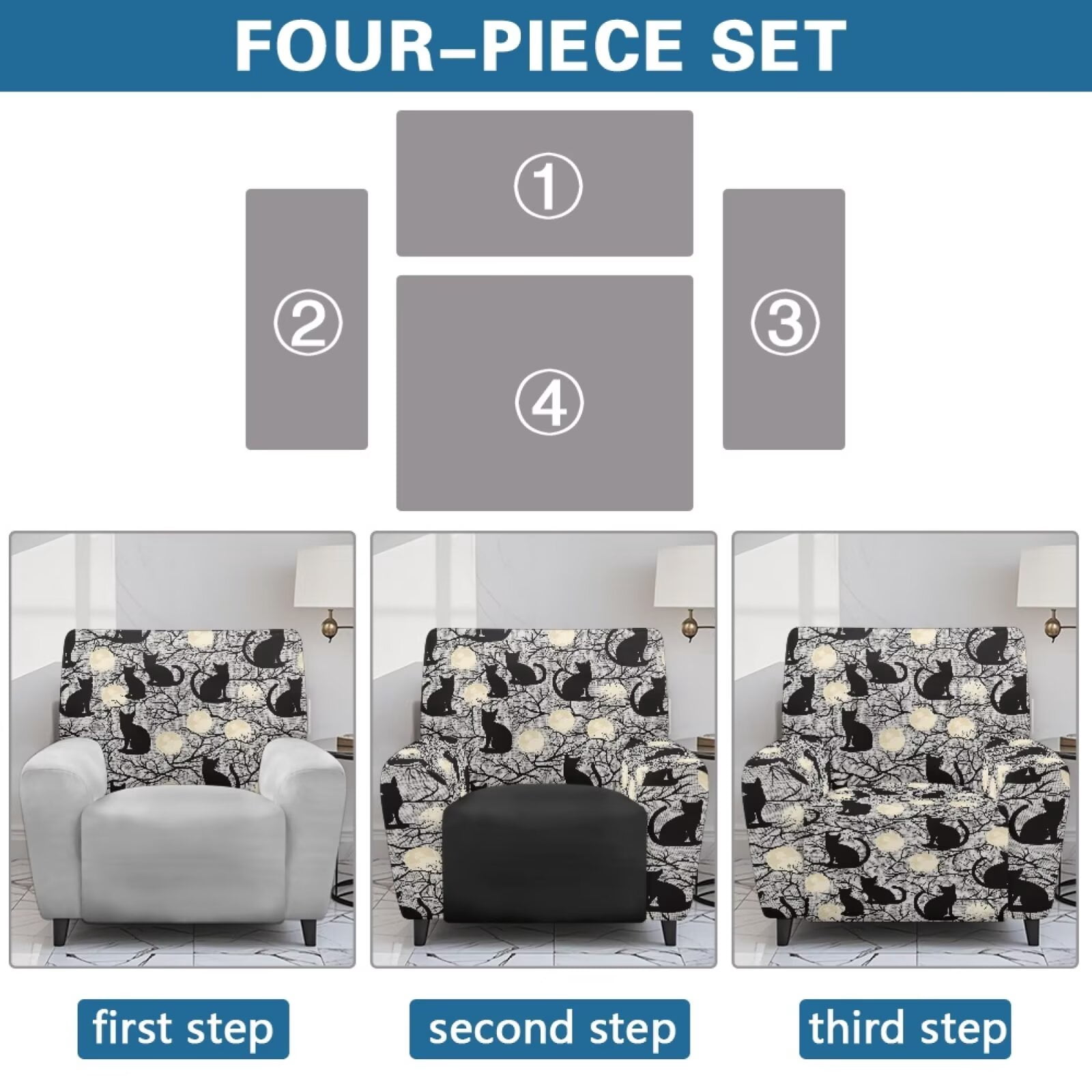 Yuyamidu Black Cat Reclining Chair Covers 4 Pieces Comfortable Recliner Sofa Slipcovers with Pocket Replacement Lazyboy Cover for Recliner Chair Gift for Friends