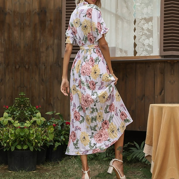 Summer Maxi Dresses for Women 2023 Casual Women s Spring And Summer Round Neck Hollow Ruffled Short Sleeved Pleated Floral Print Dress Long Skirt