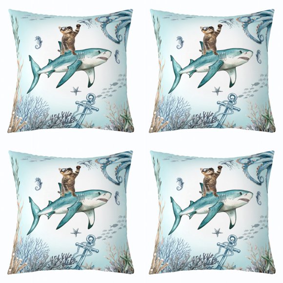 Erosebridal Funny Cat Riding Shark Throw Pillow Covers 18x18 Set of 4, Ocean Animal Wildlife Pillow Cases for Couch, Marine Bedroom Decor
