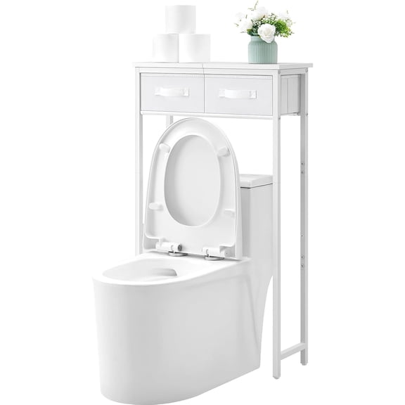 2-Tier Over The Toilet Storage with 2 Fabric Drawers, Freestanding Above The Toilet Storage Cabinet, Space Saver Metal Over Toilet Bathroom Organizer Shelf for Small Space, White