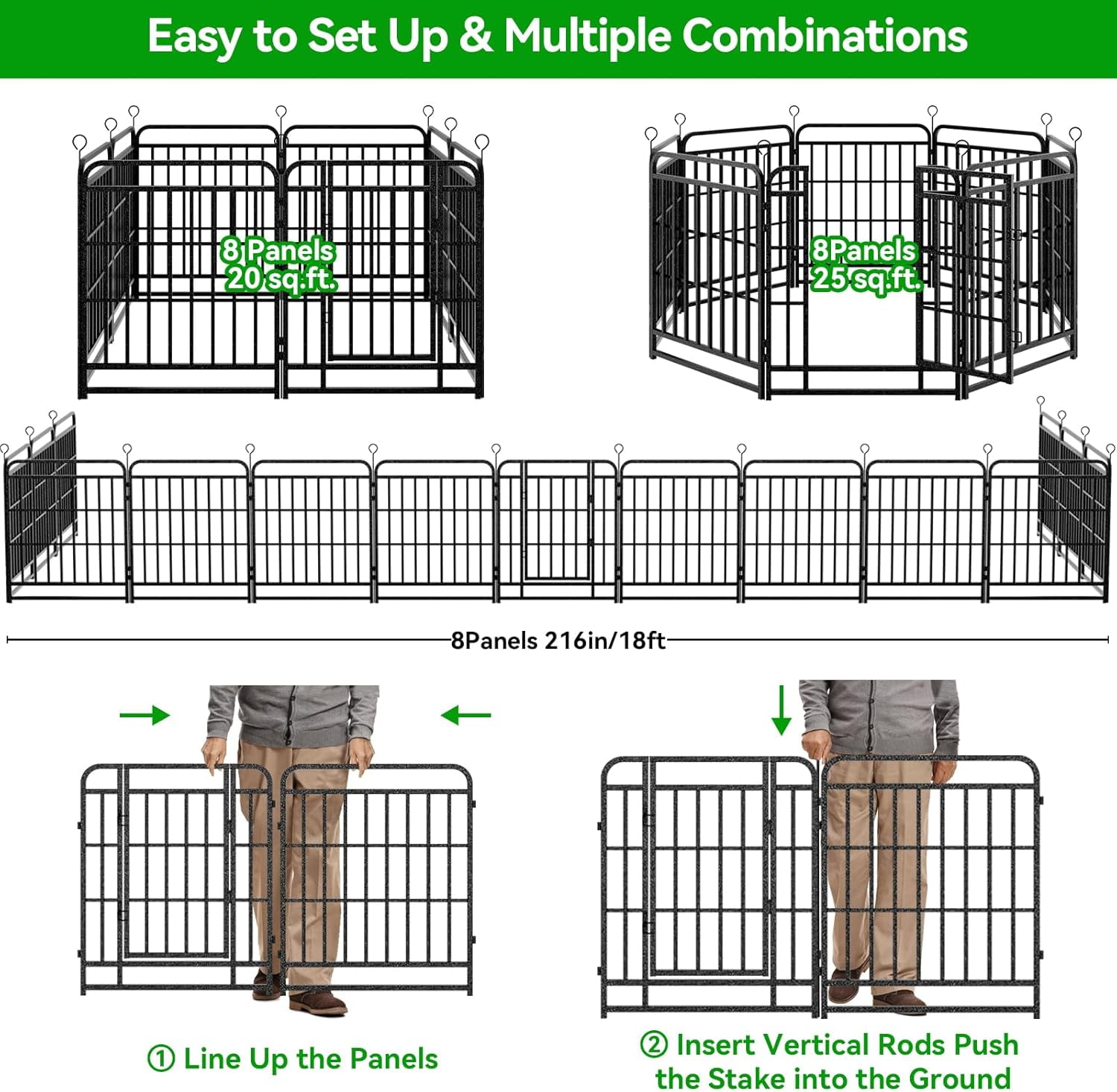 Heavy Duty Dog Playpen: 8 Steel Panels 47" Height, Square Steel Pipe with Reinforced Crossbars, 18FT 25 Sq.ft Portable Fence for Yard RV Camping, Snowy Black