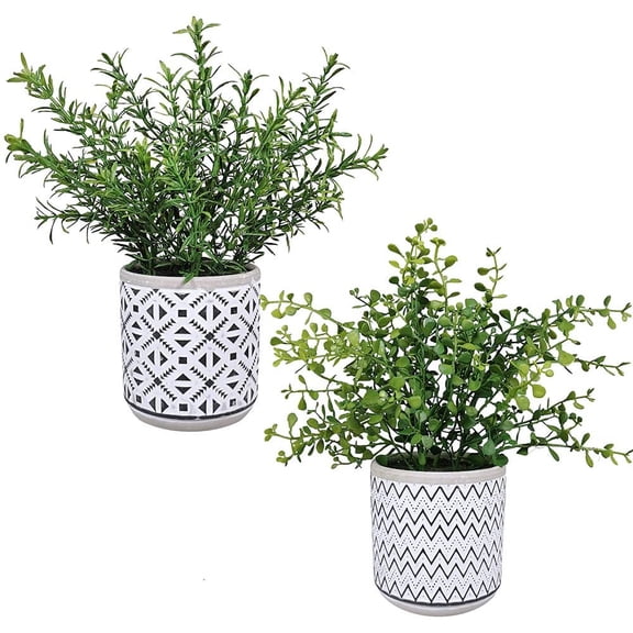 2 Pack Small Potted Eucalyptus Plant Artificial Plants Green Boxwood Rosemary Greenery in Modern Concrete Plant Pots