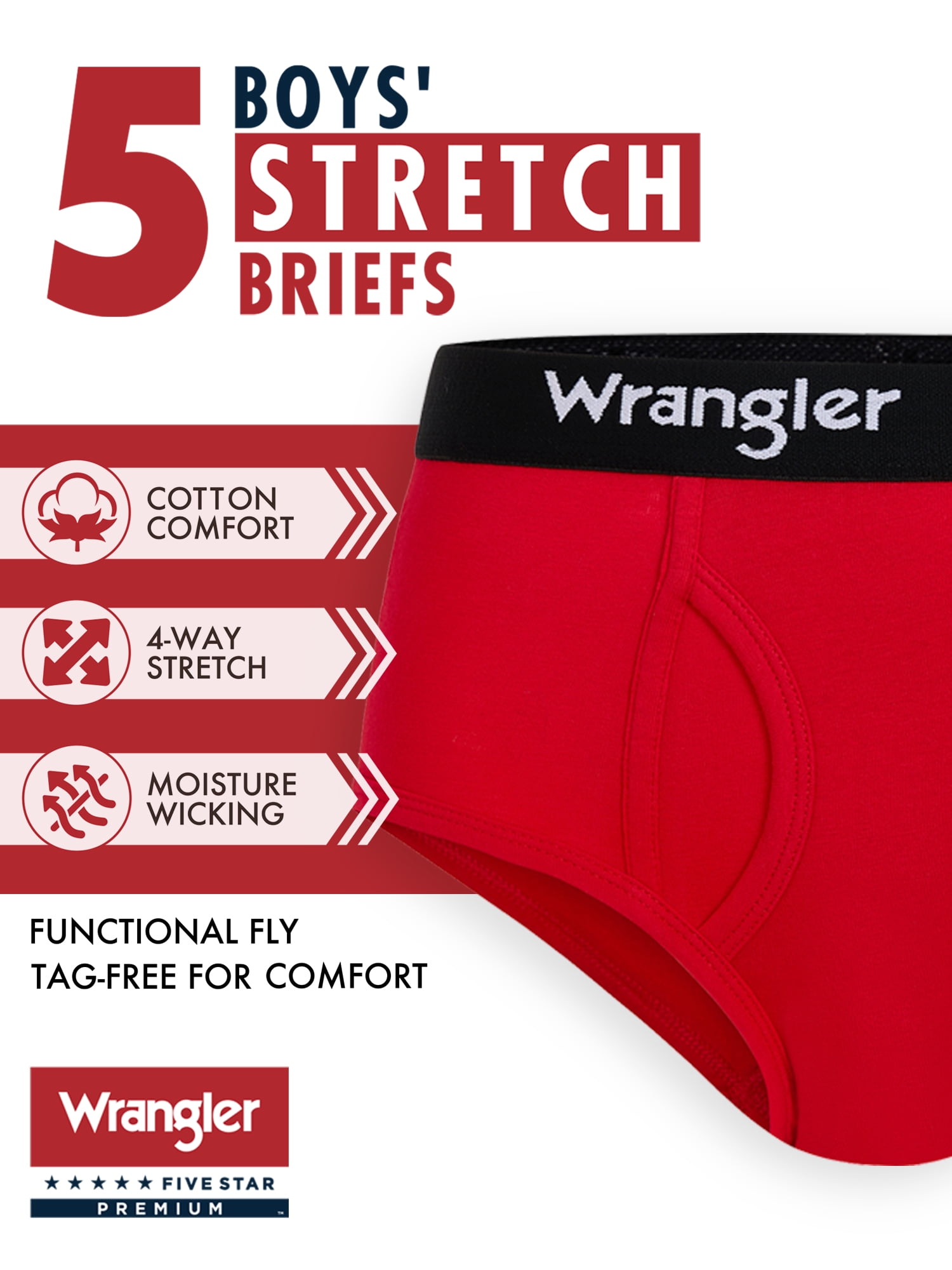Wrangler Boys' Cotton Briefs, Soft Boys Underwear w/ 4-Way Stretch, Medium, 5-Pack