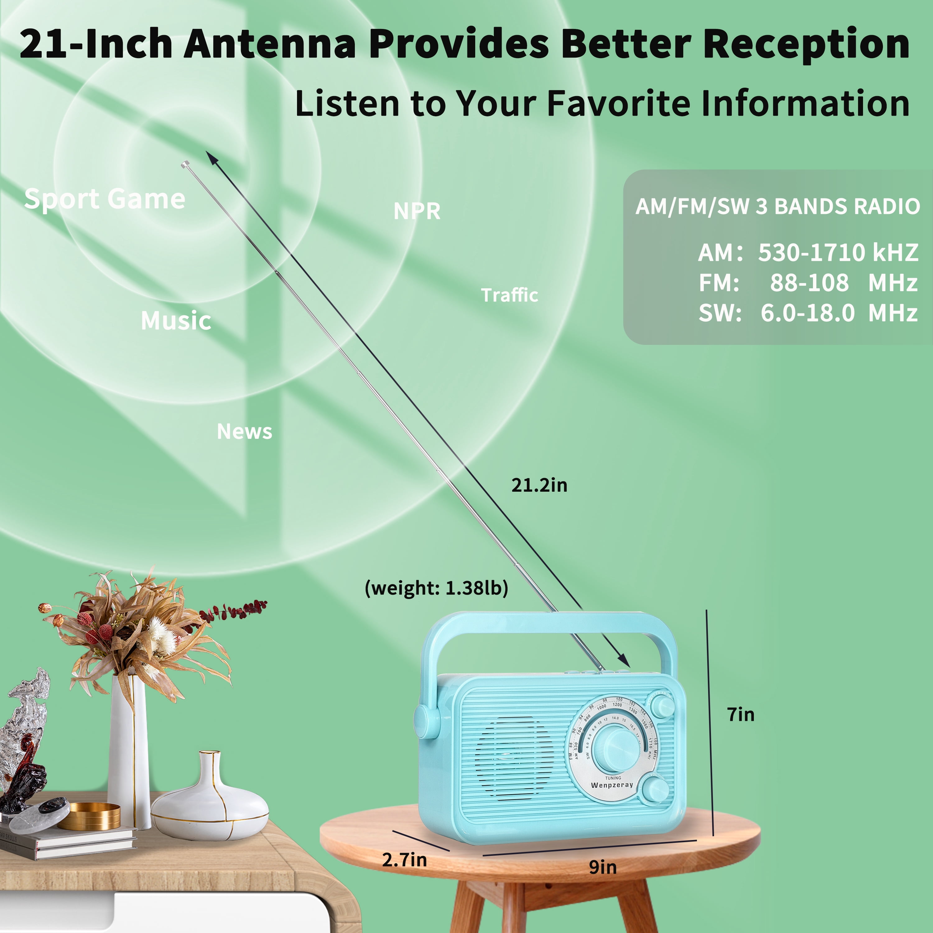 Camping Emergency AM FM Shortwave Radio, DSP Chip Bluetooth Speaker, Type-C Charging Retro Portable Radio Wenpzeray D218 (Blue)