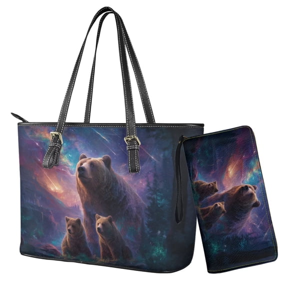 TSOVTHRID Bear Meteor Galaxy Print Tote Bags for Women Top Handle Satchel Purses Set Purple Hobo Shoulder Handbag with Matching Leather Wallet for Shopping