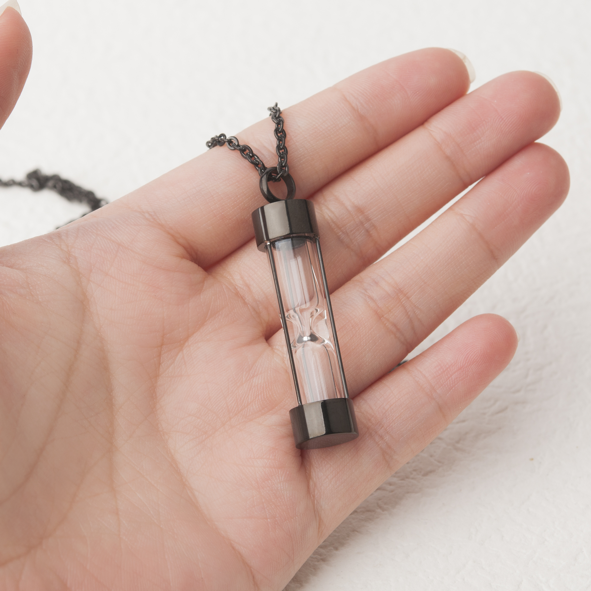 Anavia Stainless Steel Glass Bottle Hourglass Cremation Vial Urn Pendant Charm Necklace for Ash Memorial Keepsake for Men Women Pets - [Black Necklace]
